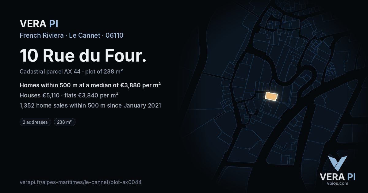 10 Rue du Four, Le Cannet at night – the plot lit, the parcels around coloured by the prices near them
