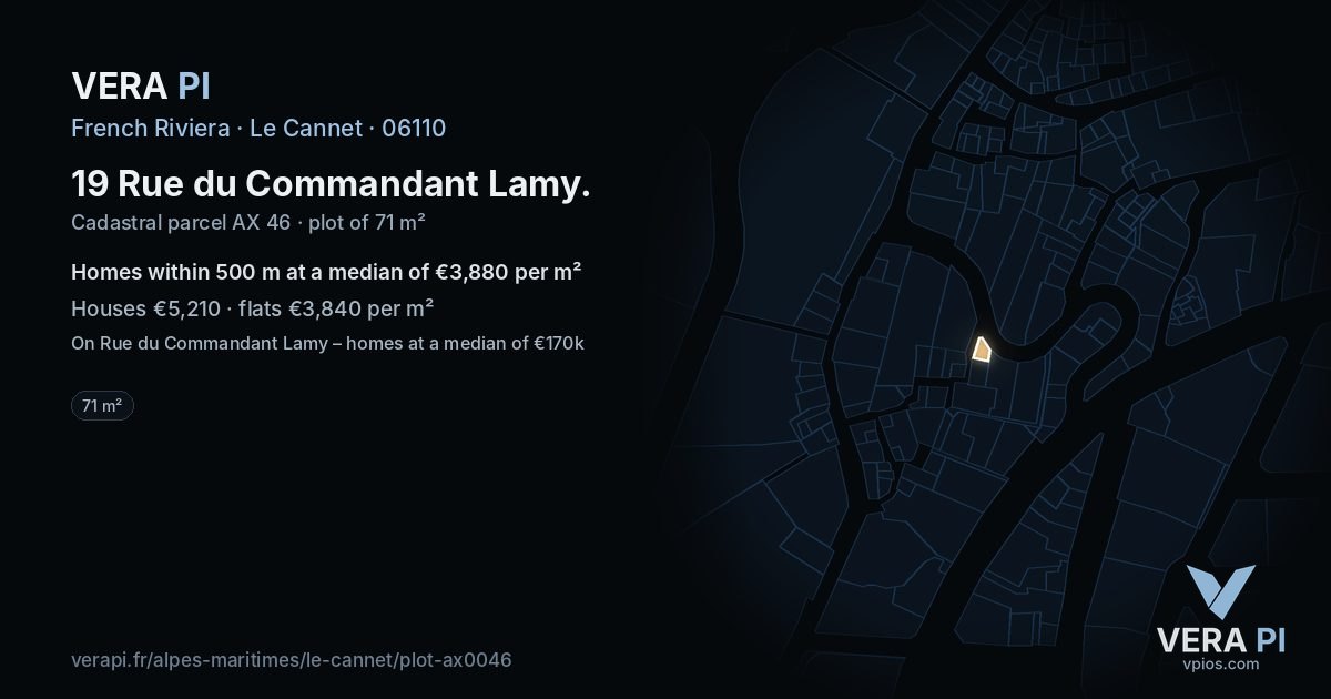 19 Rue du Commandant Lamy, Le Cannet at night – the plot lit, the parcels around coloured by the prices near them