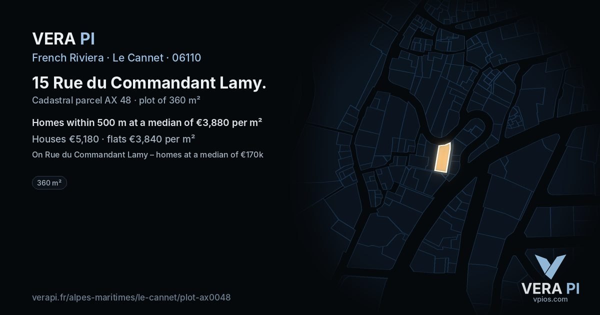 15 Rue du Commandant Lamy, Le Cannet at night – the plot lit, the parcels around coloured by the prices near them