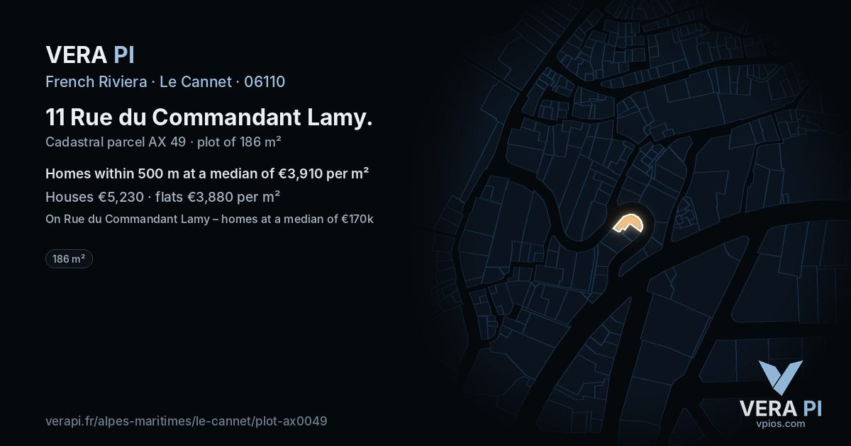 11 Rue du Commandant Lamy, Le Cannet at night – the plot lit, the parcels around coloured by the prices near them