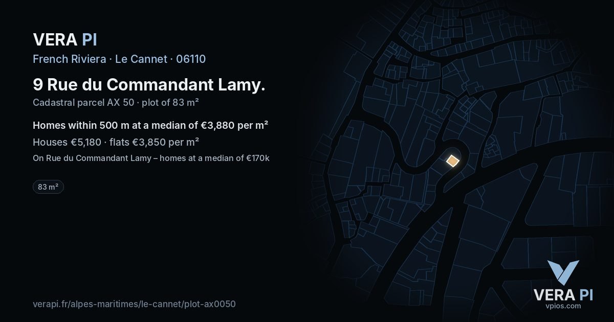 9 Rue du Commandant Lamy, Le Cannet at night – the plot lit, the parcels around coloured by the prices near them
