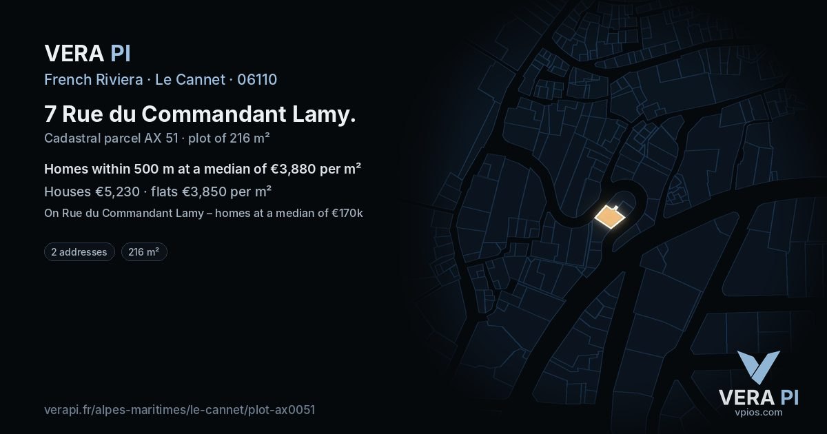 7 Rue du Commandant Lamy, Le Cannet at night – the plot lit, the parcels around coloured by the prices near them