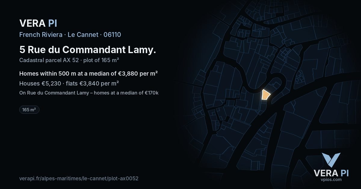 5 Rue du Commandant Lamy, Le Cannet at night – the plot lit, the parcels around coloured by the prices near them