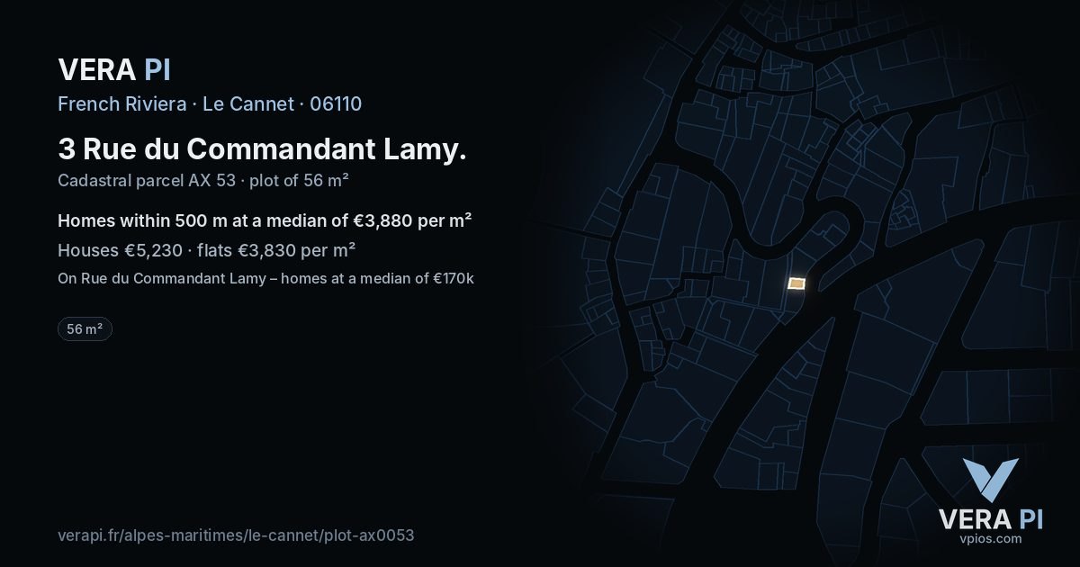 3 Rue du Commandant Lamy, Le Cannet at night – the plot lit, the parcels around coloured by the prices near them