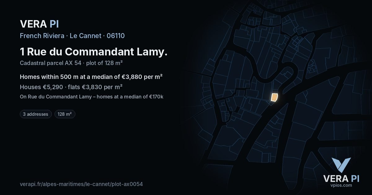 1 Rue du Commandant Lamy, Le Cannet at night – the plot lit, the parcels around coloured by the prices near them