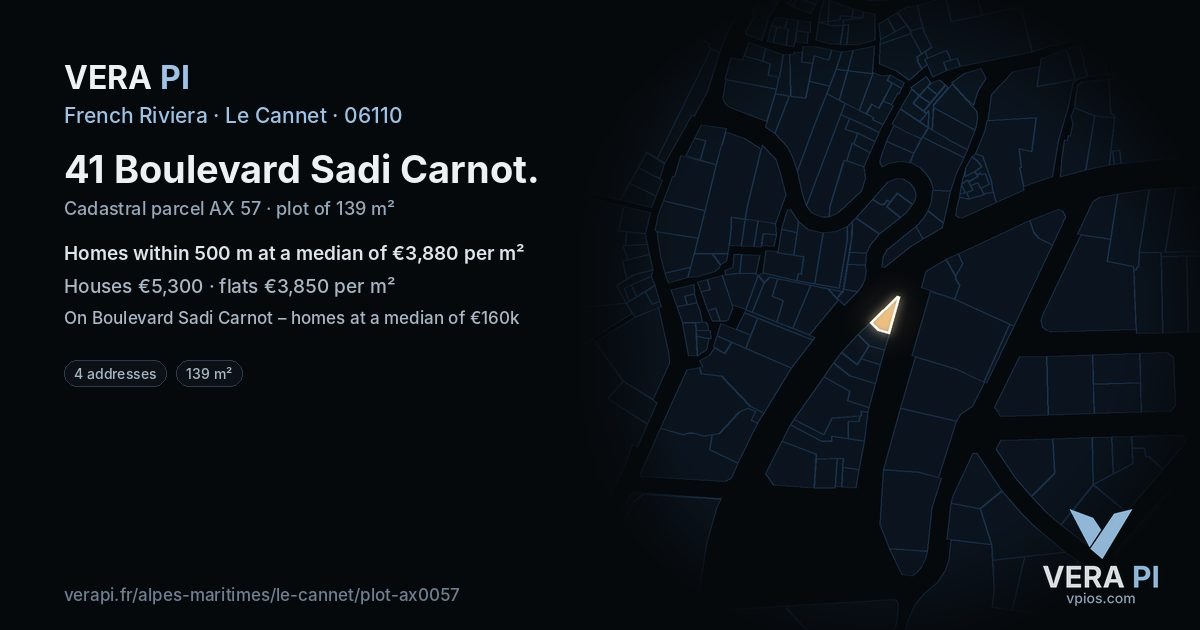 41 Boulevard Sadi Carnot, Le Cannet at night – the plot lit, the parcels around coloured by the prices near them