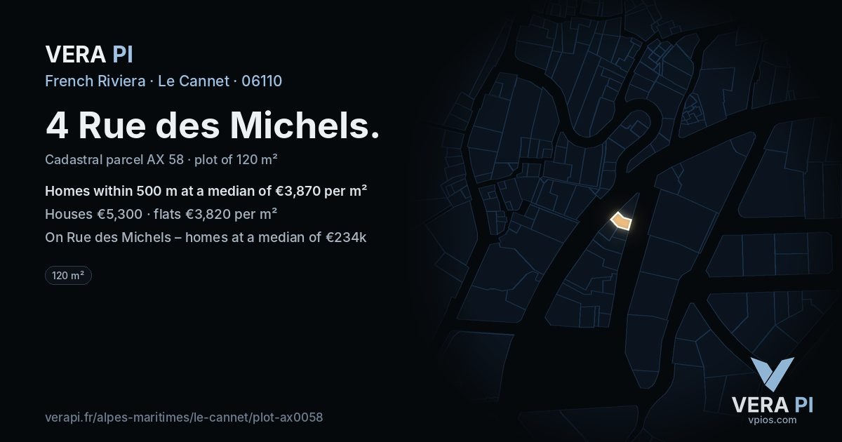 4 Rue des Michels, Le Cannet at night – the plot lit, the parcels around coloured by the prices near them