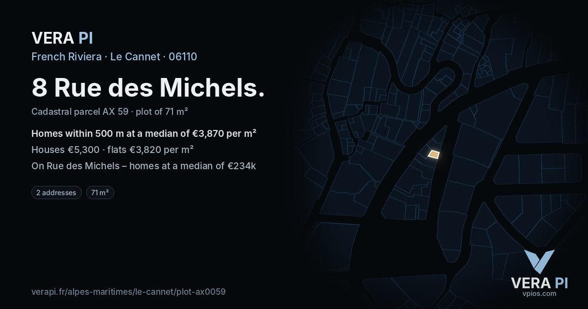 8 Rue des Michels, Le Cannet at night – the plot lit, the parcels around coloured by the prices near them