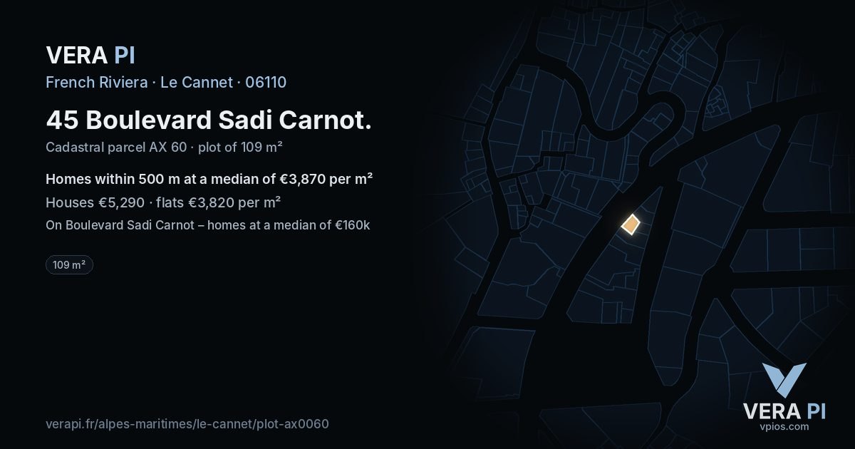 45 Boulevard Sadi Carnot, Le Cannet at night – the plot lit, the parcels around coloured by the prices near them