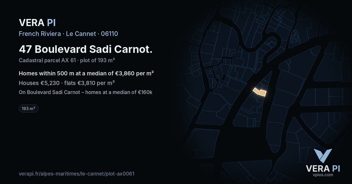 47 Boulevard Sadi Carnot, Le Cannet at night – the plot lit, the parcels around coloured by the prices near them