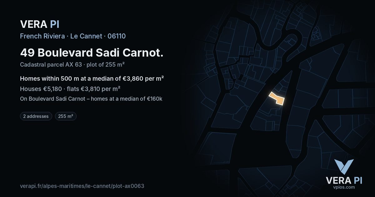 49 Boulevard Sadi Carnot, Le Cannet at night – the plot lit, the parcels around coloured by the prices near them