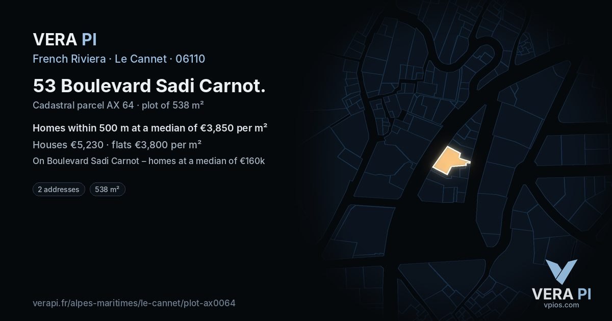 53 Boulevard Sadi Carnot, Le Cannet at night – the plot lit, the parcels around coloured by the prices near them