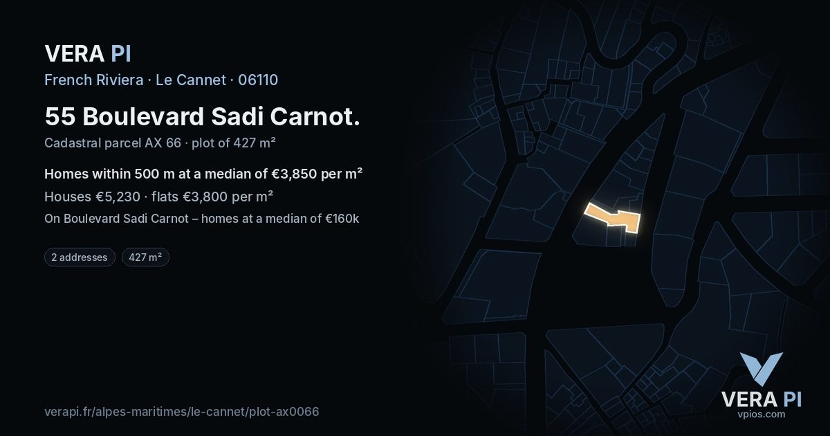 55 Boulevard Sadi Carnot, Le Cannet at night – the plot lit, the parcels around coloured by the prices near them