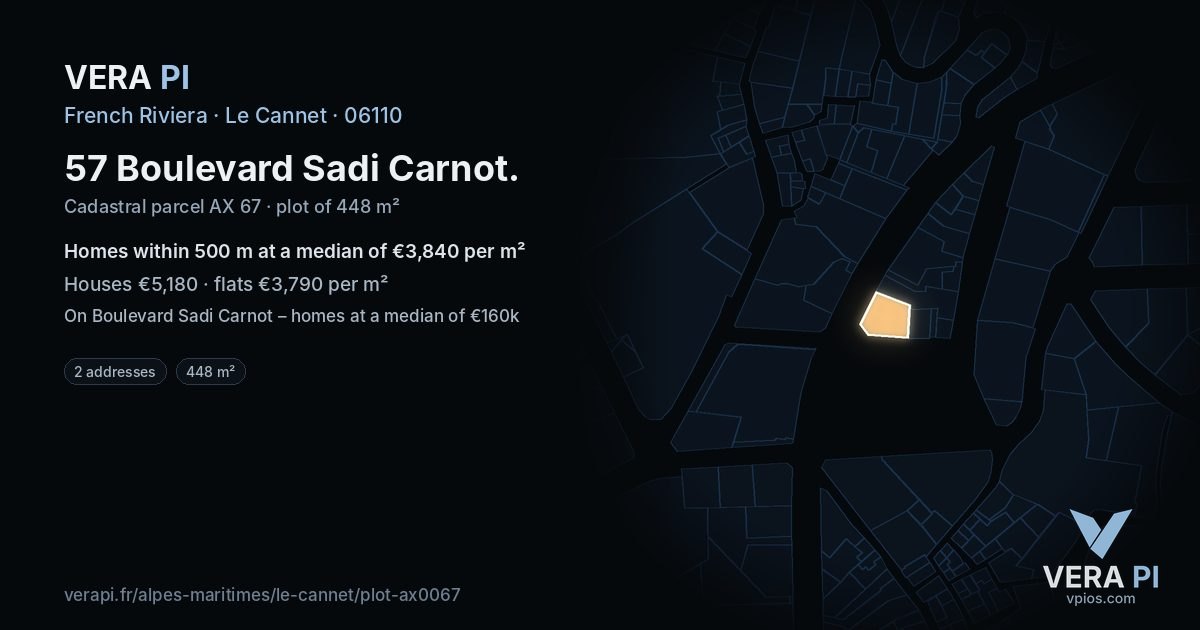 57 Boulevard Sadi Carnot, Le Cannet at night – the plot lit, the parcels around coloured by the prices near them