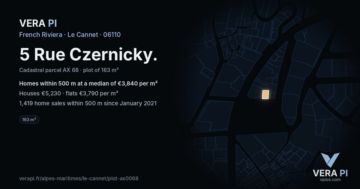 5 Rue Czernicky, Le Cannet at night – the plot lit, the parcels around coloured by the prices near them