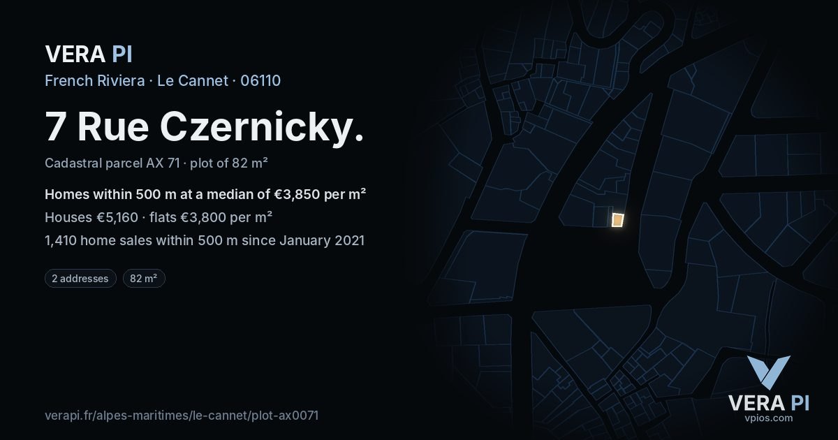7 Rue Czernicky, Le Cannet at night – the plot lit, the parcels around coloured by the prices near them