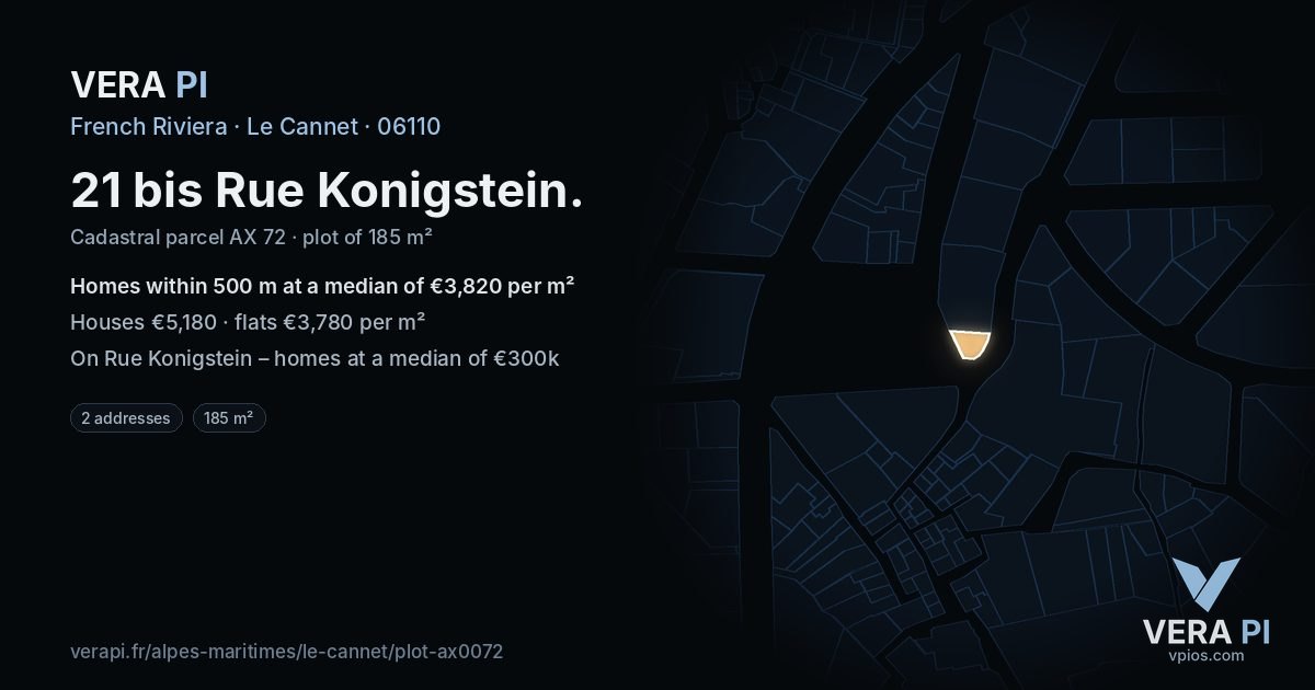21 bis Rue Konigstein, Le Cannet at night – the plot lit, the parcels around coloured by the prices near them