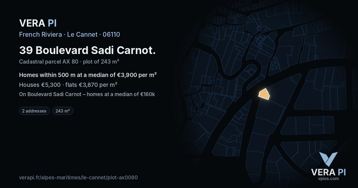 39 Boulevard Sadi Carnot, Le Cannet at night – the plot lit, the parcels around coloured by the prices near them