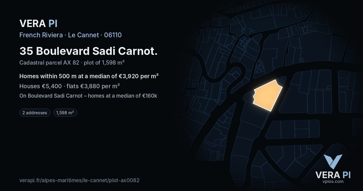 35 Boulevard Sadi Carnot, Le Cannet at night – the plot lit, the parcels around coloured by the prices near them