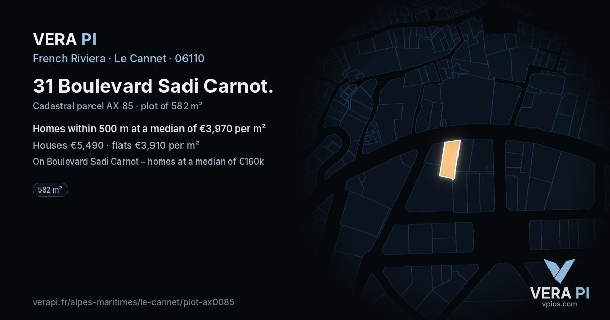 31 Boulevard Sadi Carnot, Le Cannet at night – the plot lit, the parcels around coloured by the prices near them