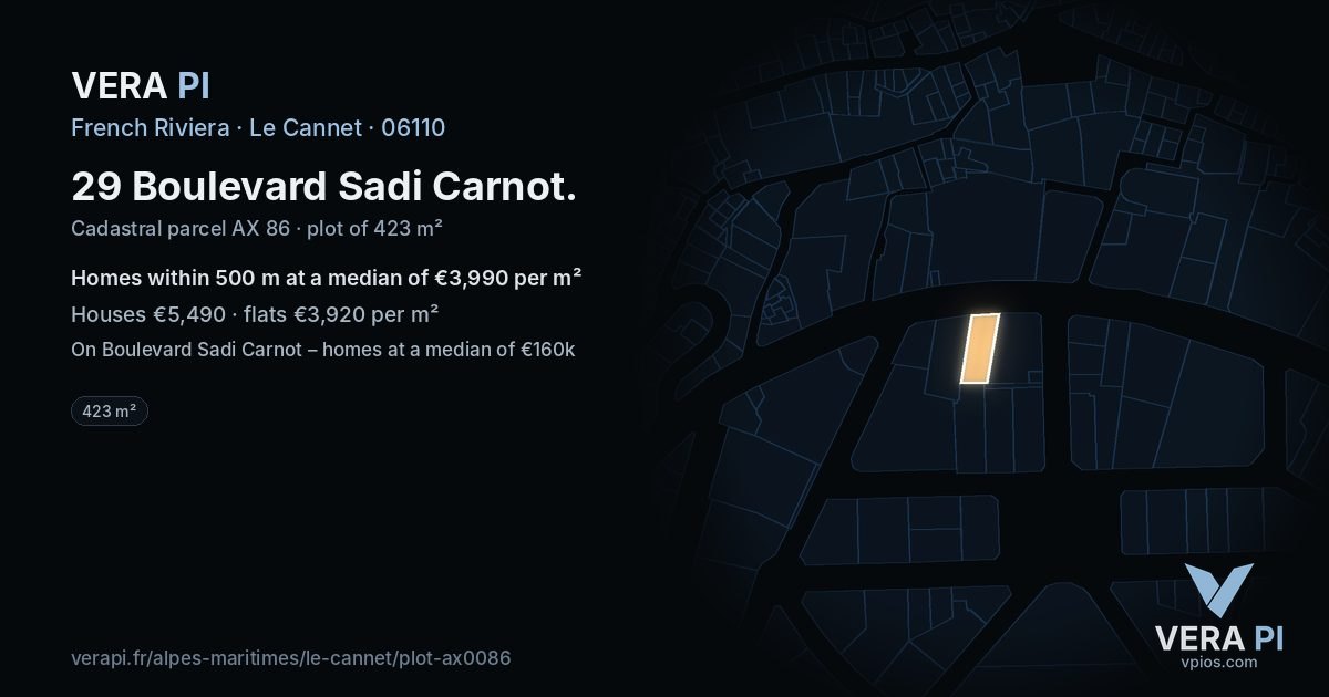 29 Boulevard Sadi Carnot, Le Cannet at night – the plot lit, the parcels around coloured by the prices near them