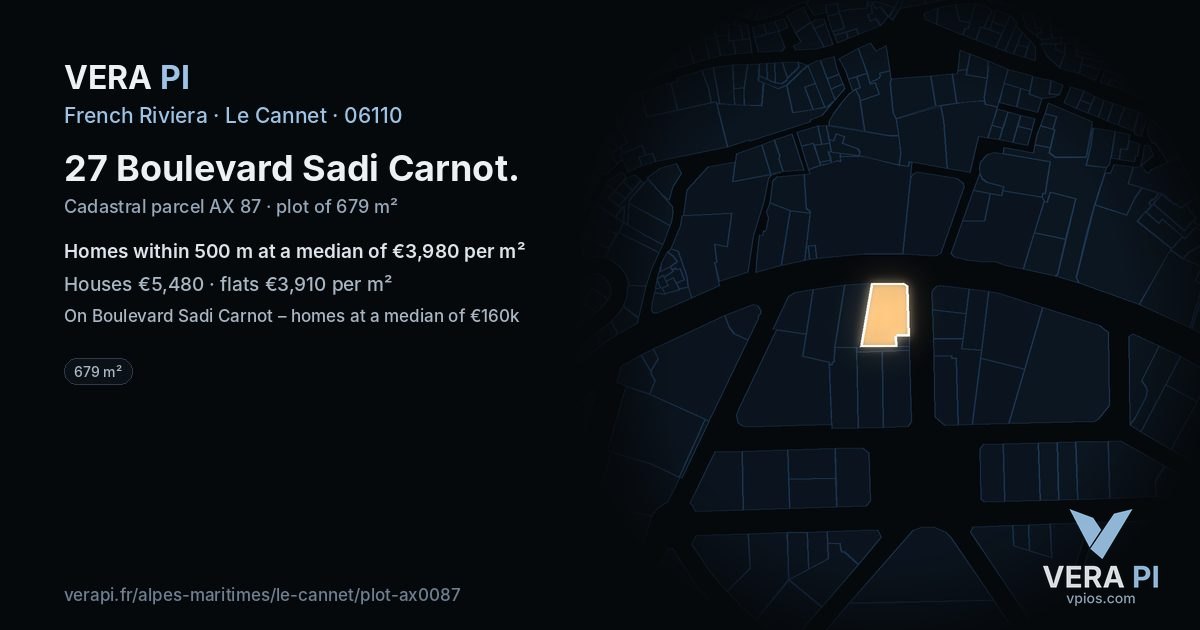 27 Boulevard Sadi Carnot, Le Cannet at night – the plot lit, the parcels around coloured by the prices near them