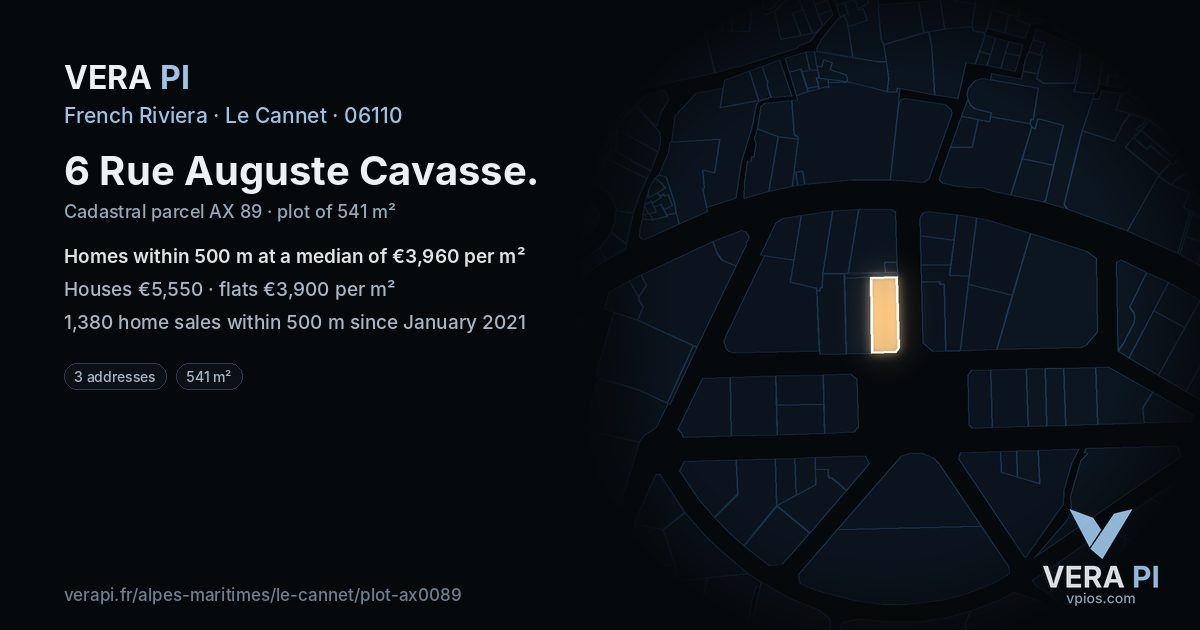 6 Rue Auguste Cavasse, Le Cannet at night – the plot lit, the parcels around coloured by the prices near them