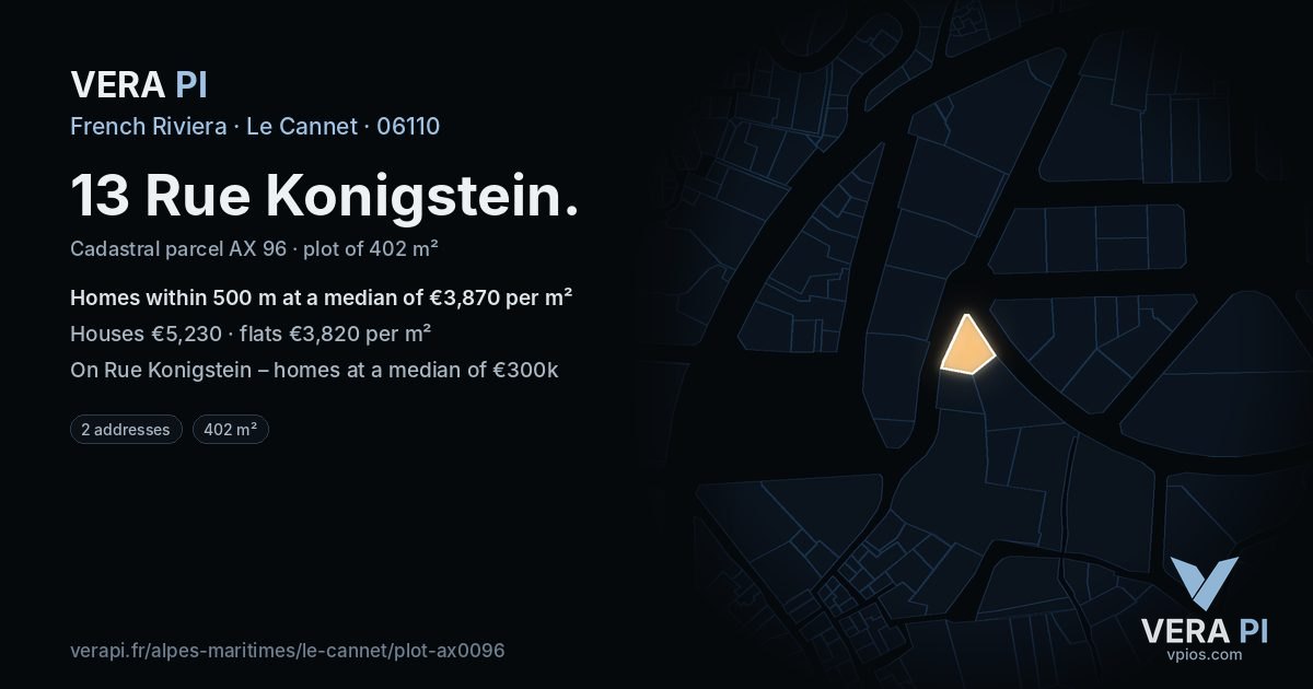 13 Rue Konigstein, Le Cannet at night – the plot lit, the parcels around coloured by the prices near them