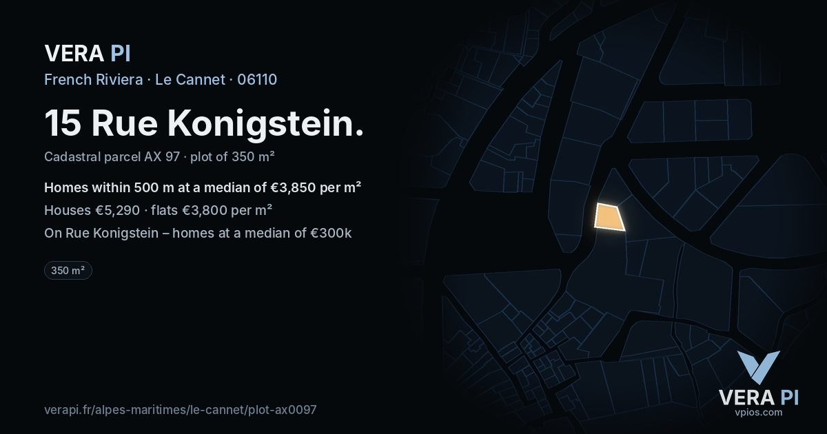15 Rue Konigstein, Le Cannet at night – the plot lit, the parcels around coloured by the prices near them