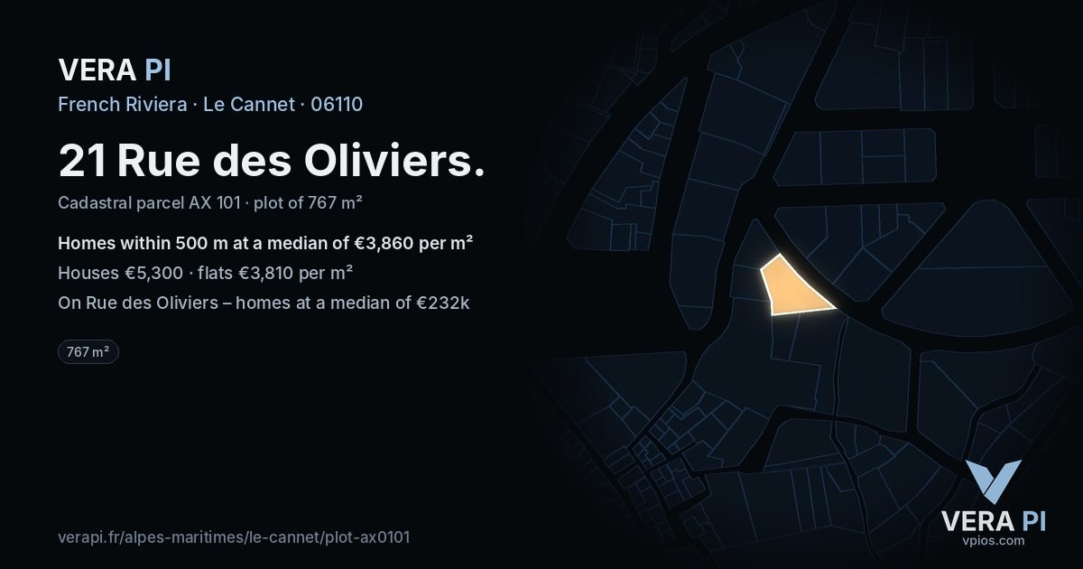 21 Rue des Oliviers, Le Cannet at night – the plot lit, the parcels around coloured by the prices near them