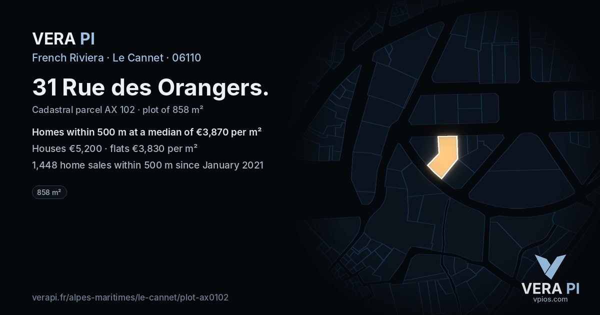 31 Rue des Orangers, Le Cannet at night – the plot lit, the parcels around coloured by the prices near them