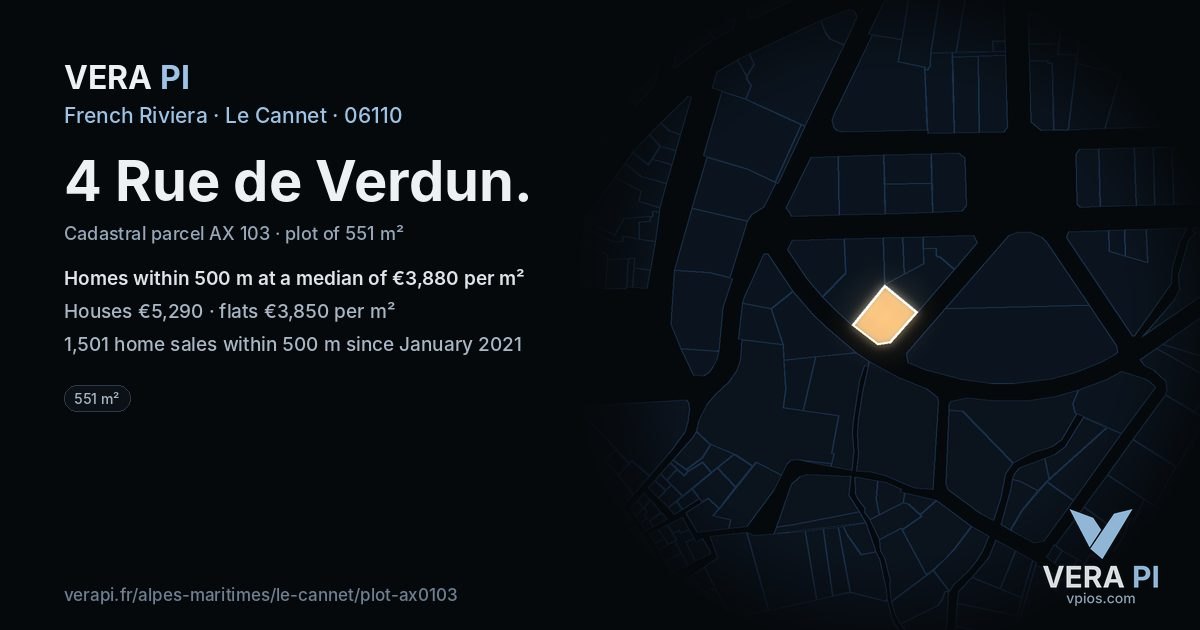 4 Rue de Verdun, Le Cannet at night – the plot lit, the parcels around coloured by the prices near them