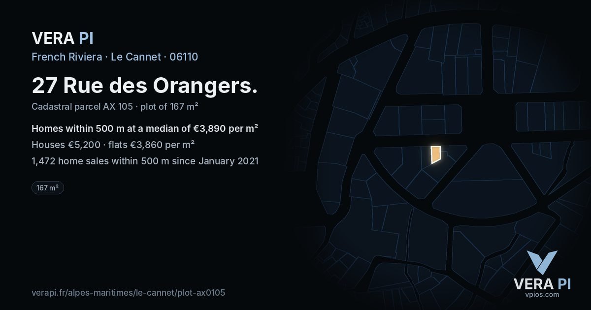 27 Rue des Orangers, Le Cannet at night – the plot lit, the parcels around coloured by the prices near them