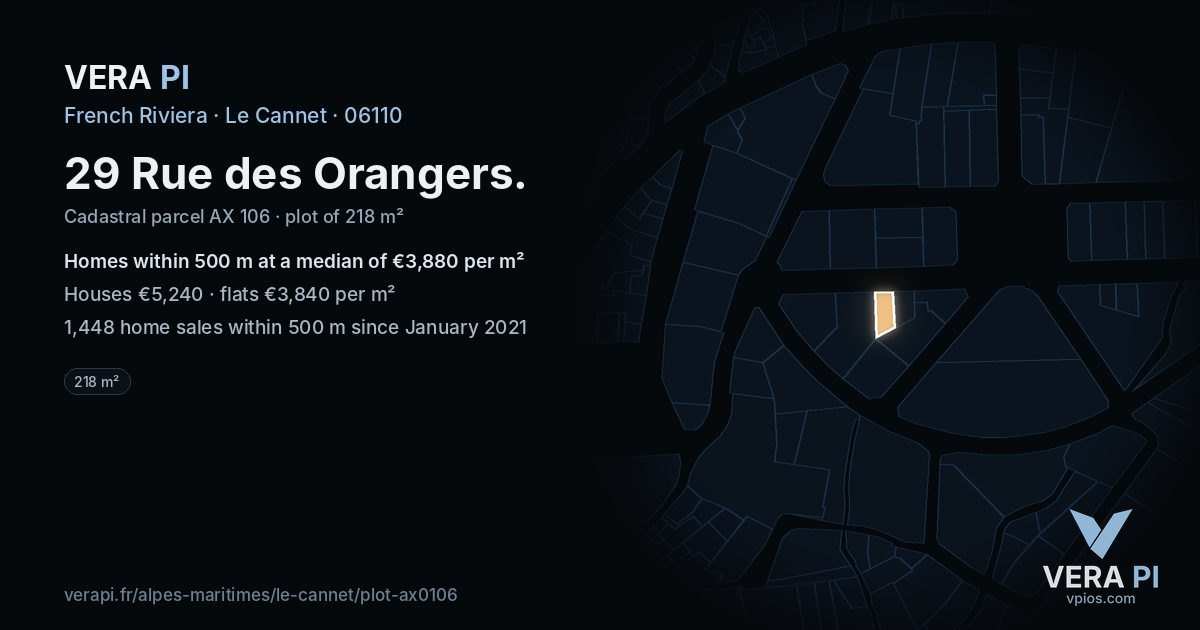 29 Rue des Orangers, Le Cannet at night – the plot lit, the parcels around coloured by the prices near them