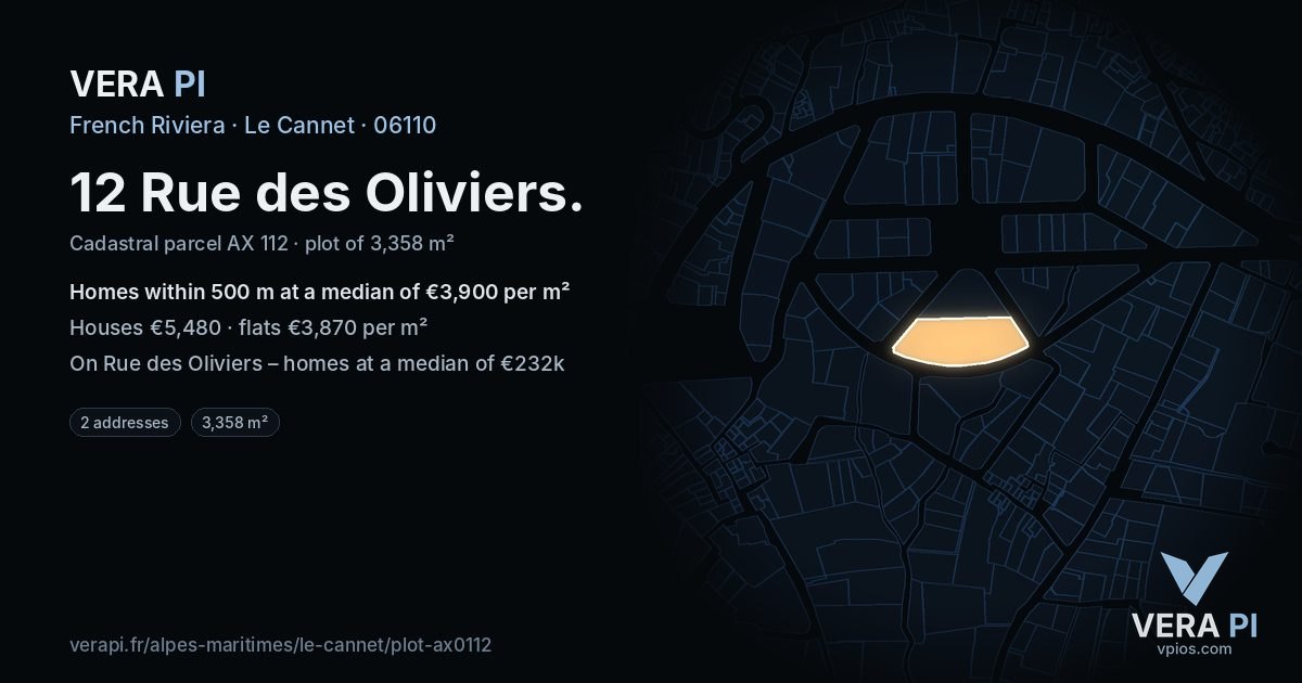 12 Rue des Oliviers, Le Cannet at night – the plot lit, the parcels around coloured by the prices near them