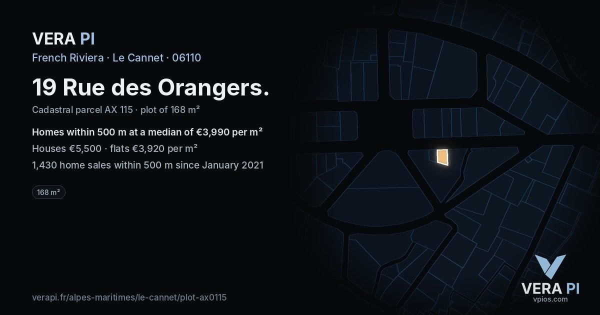19 Rue des Orangers, Le Cannet at night – the plot lit, the parcels around coloured by the prices near them