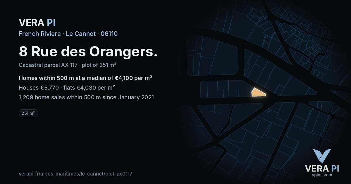 8 Rue des Orangers, Le Cannet at night – the plot lit, the parcels around coloured by the prices near them
