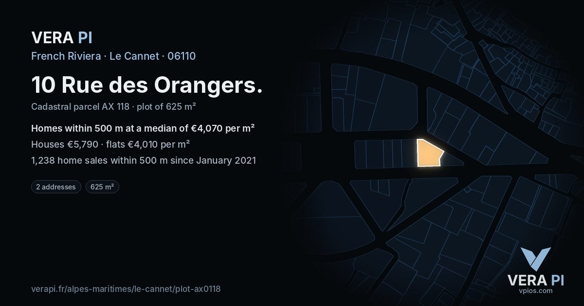 10 Rue des Orangers, Le Cannet at night – the plot lit, the parcels around coloured by the prices near them