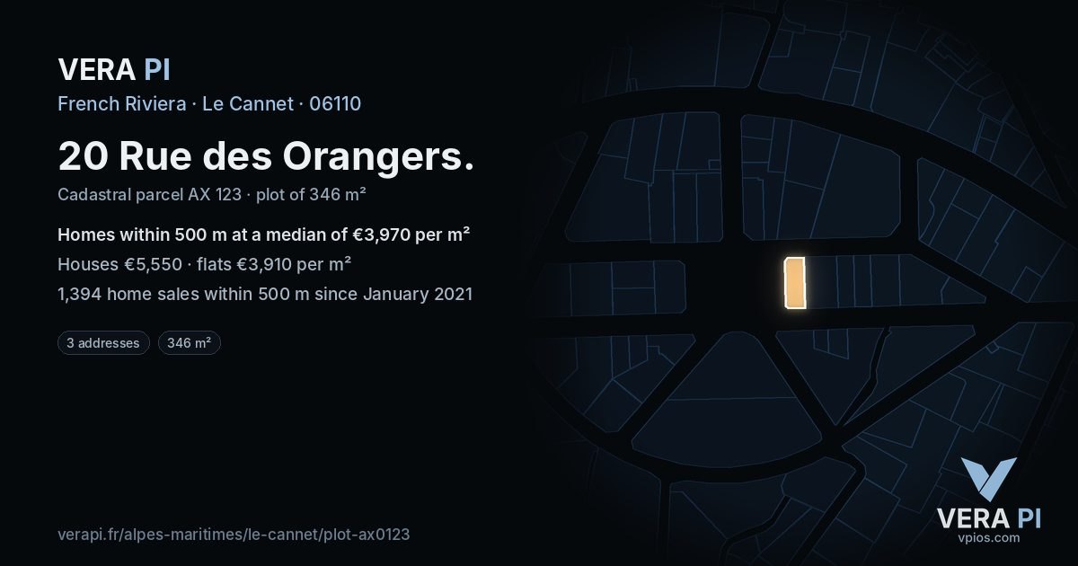 20 Rue des Orangers, Le Cannet at night – the plot lit, the parcels around coloured by the prices near them