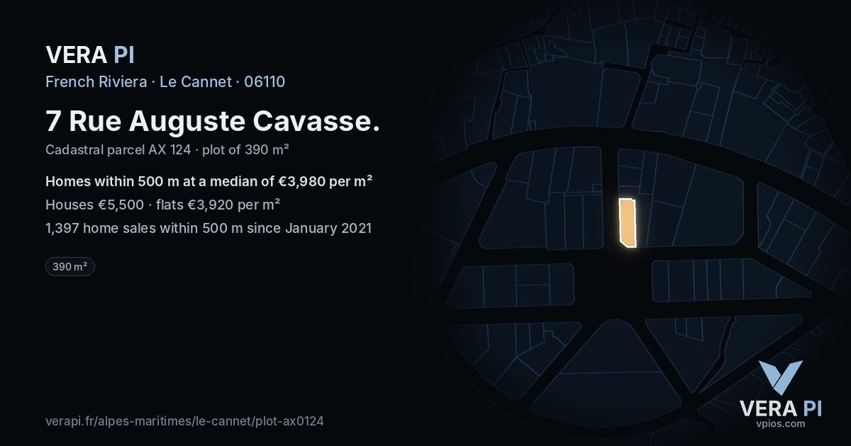 7 Rue Auguste Cavasse, Le Cannet at night – the plot lit, the parcels around coloured by the prices near them