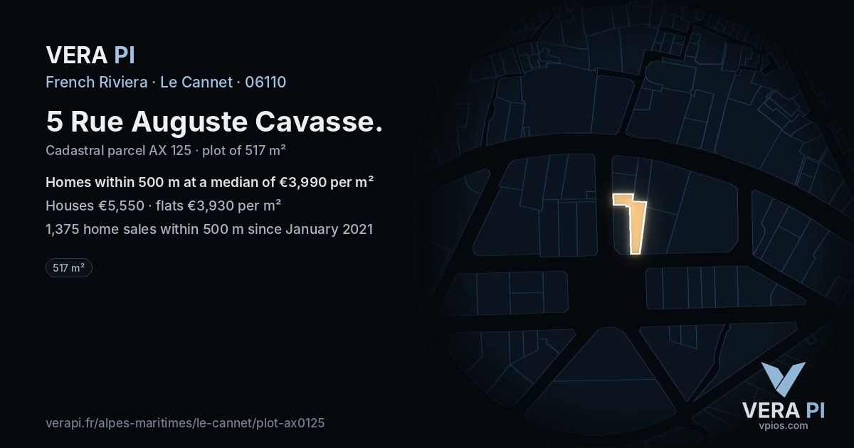 5 Rue Auguste Cavasse, Le Cannet at night – the plot lit, the parcels around coloured by the prices near them