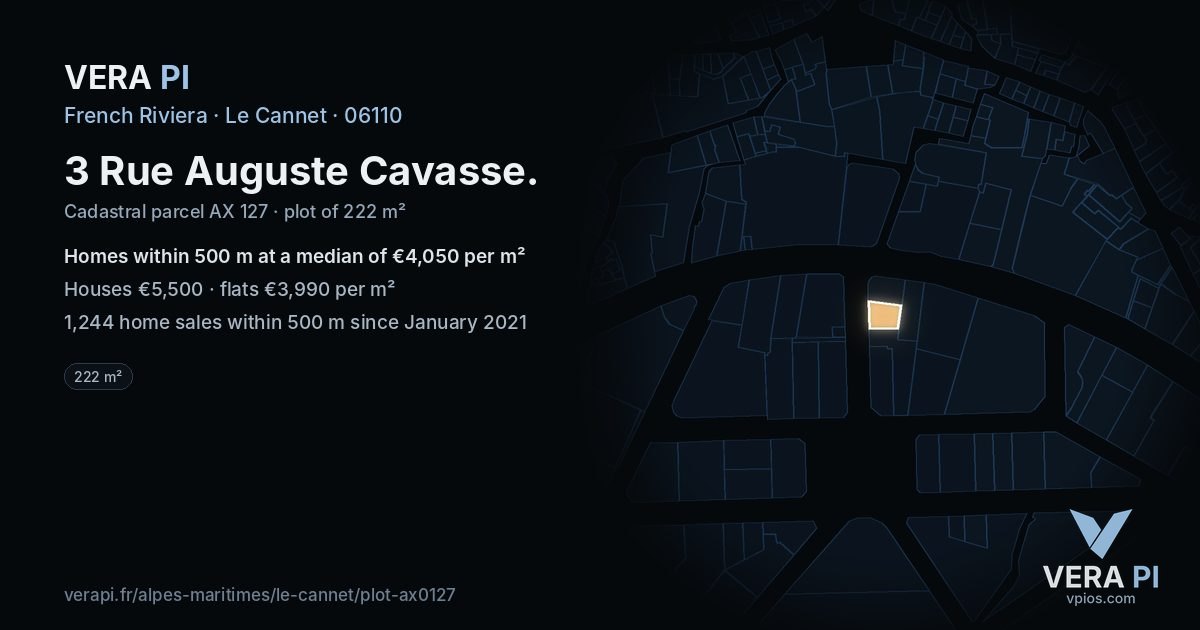 3 Rue Auguste Cavasse, Le Cannet at night – the plot lit, the parcels around coloured by the prices near them