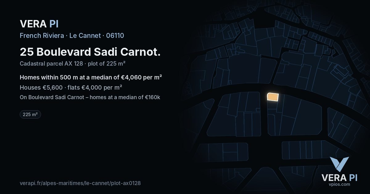 25 Boulevard Sadi Carnot, Le Cannet at night – the plot lit, the parcels around coloured by the prices near them