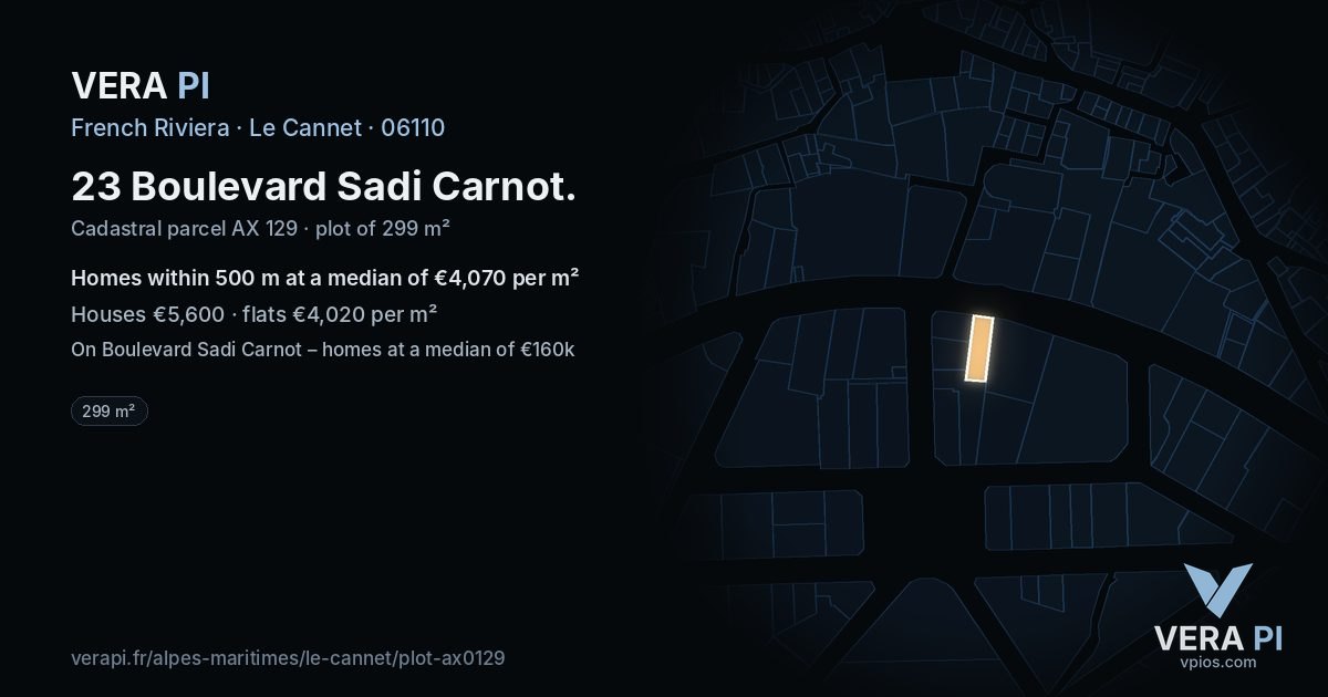 23 Boulevard Sadi Carnot, Le Cannet at night – the plot lit, the parcels around coloured by the prices near them