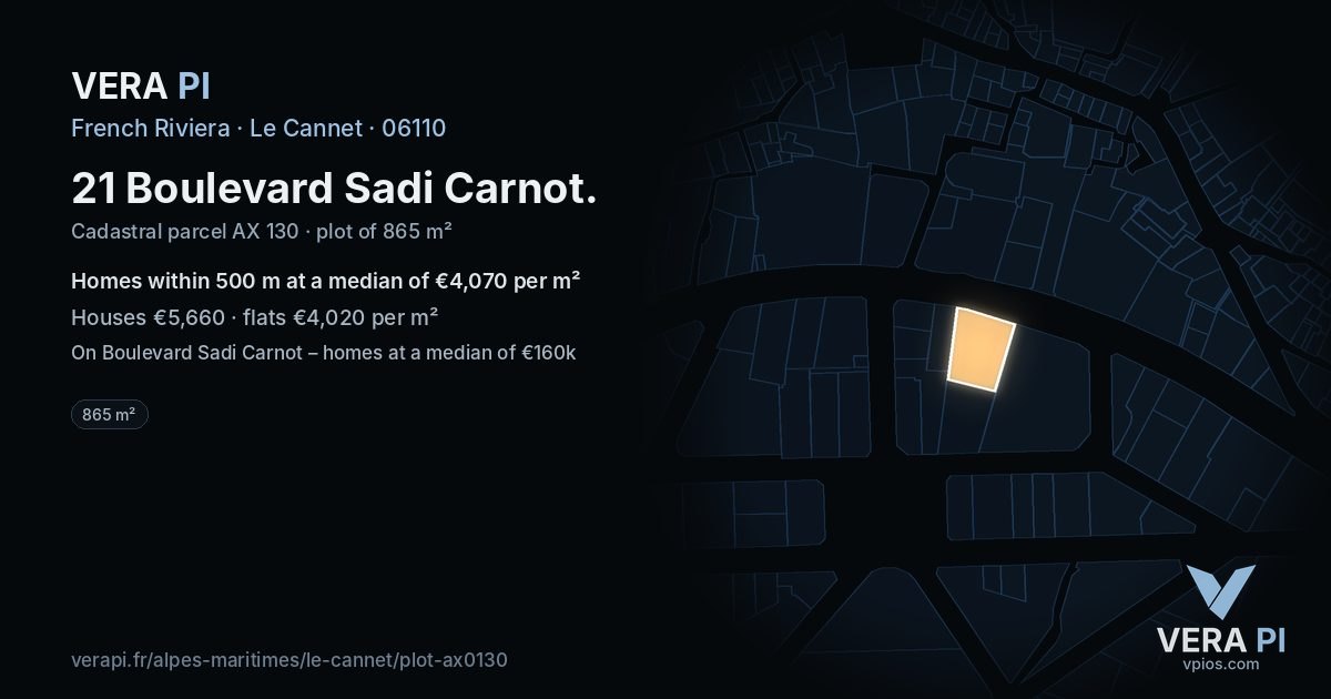21 Boulevard Sadi Carnot, Le Cannet at night – the plot lit, the parcels around coloured by the prices near them