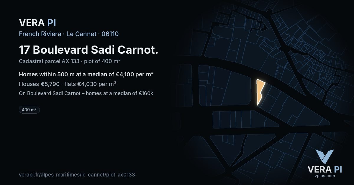 17 Boulevard Sadi Carnot, Le Cannet at night – the plot lit, the parcels around coloured by the prices near them