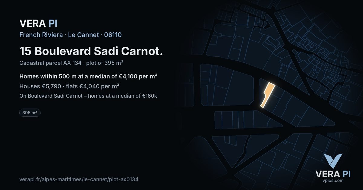 15 Boulevard Sadi Carnot, Le Cannet at night – the plot lit, the parcels around coloured by the prices near them