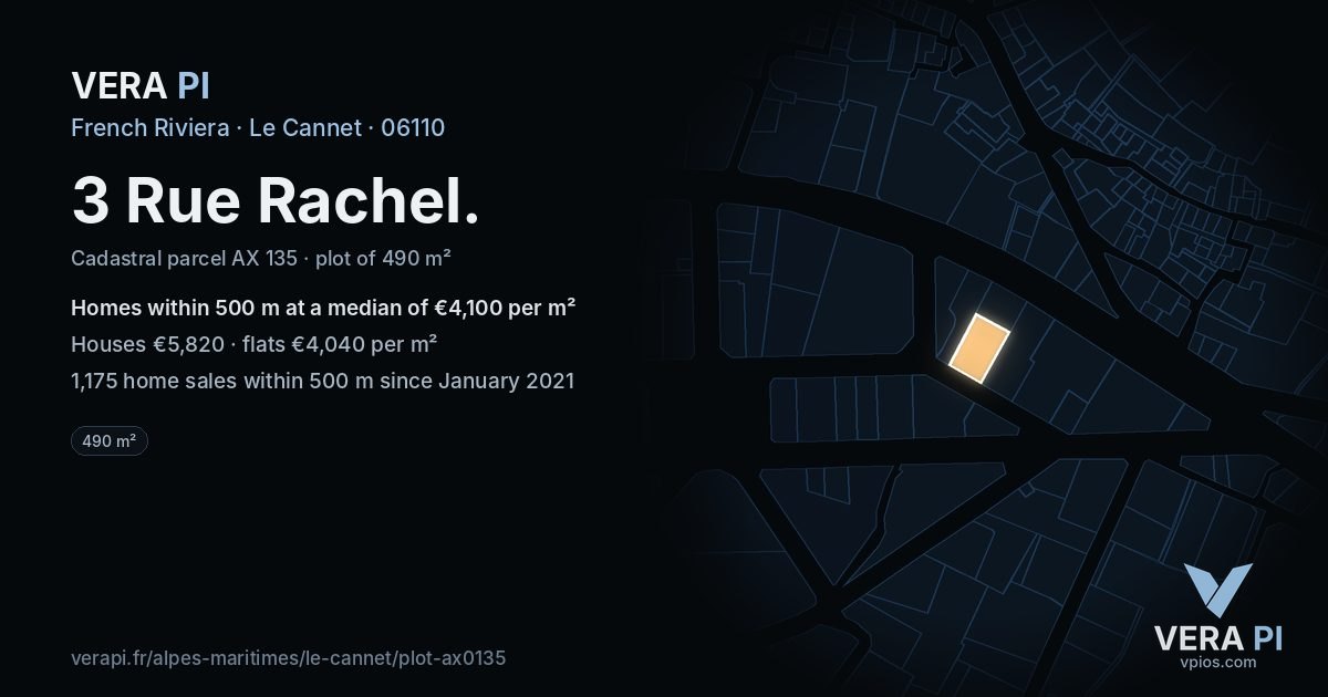 3 Rue Rachel, Le Cannet at night – the plot lit, the parcels around coloured by the prices near them