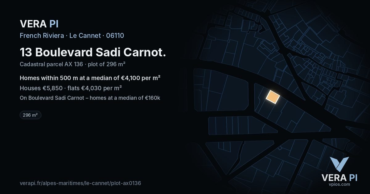 13 Boulevard Sadi Carnot, Le Cannet at night – the plot lit, the parcels around coloured by the prices near them