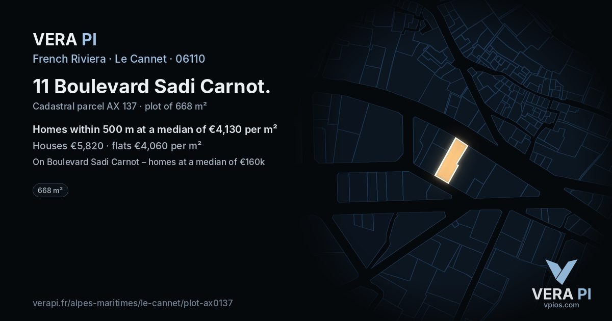 11 Boulevard Sadi Carnot, Le Cannet at night – the plot lit, the parcels around coloured by the prices near them